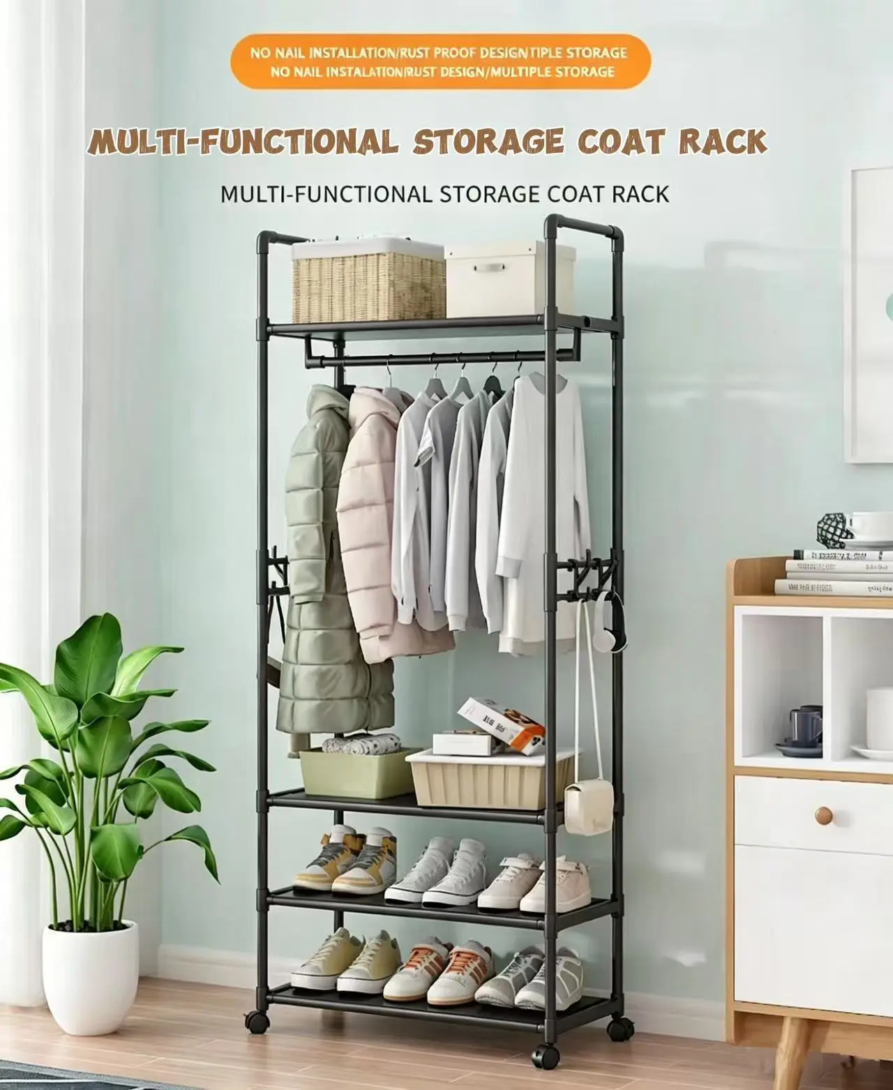 No More Messy Clothes! 3-Tier Rolling Garment Rack with Lockable 360° Wheels, Thick Steel Coat Stand with Side Hooks, Waterproof Storage Shelves, Freestanding Organizer for Bedroom Entryway, Holds Coats Shoes Bags, White & Black Available
