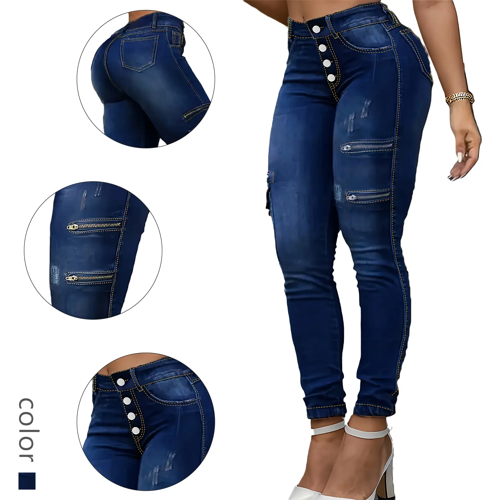 Trendy Dark Blue High Waisted Cargo Jogger Jeans - Women's Versatile Edgy Casual Denim Pants