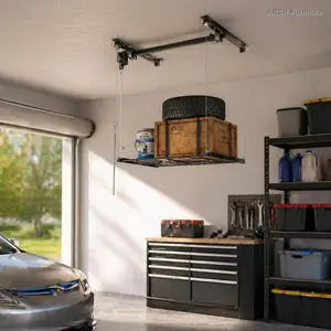 Carbon Steel Smooth Ceiling Lift Overhead Garage Storage Rack with Box, 4x4 FT, 250LBS Max Capacity, Space-Saving Heavy-Duty Home Organizer for 10-12 FT High Ceilings, Safety Lock, Platform Compatible (Installation Required)