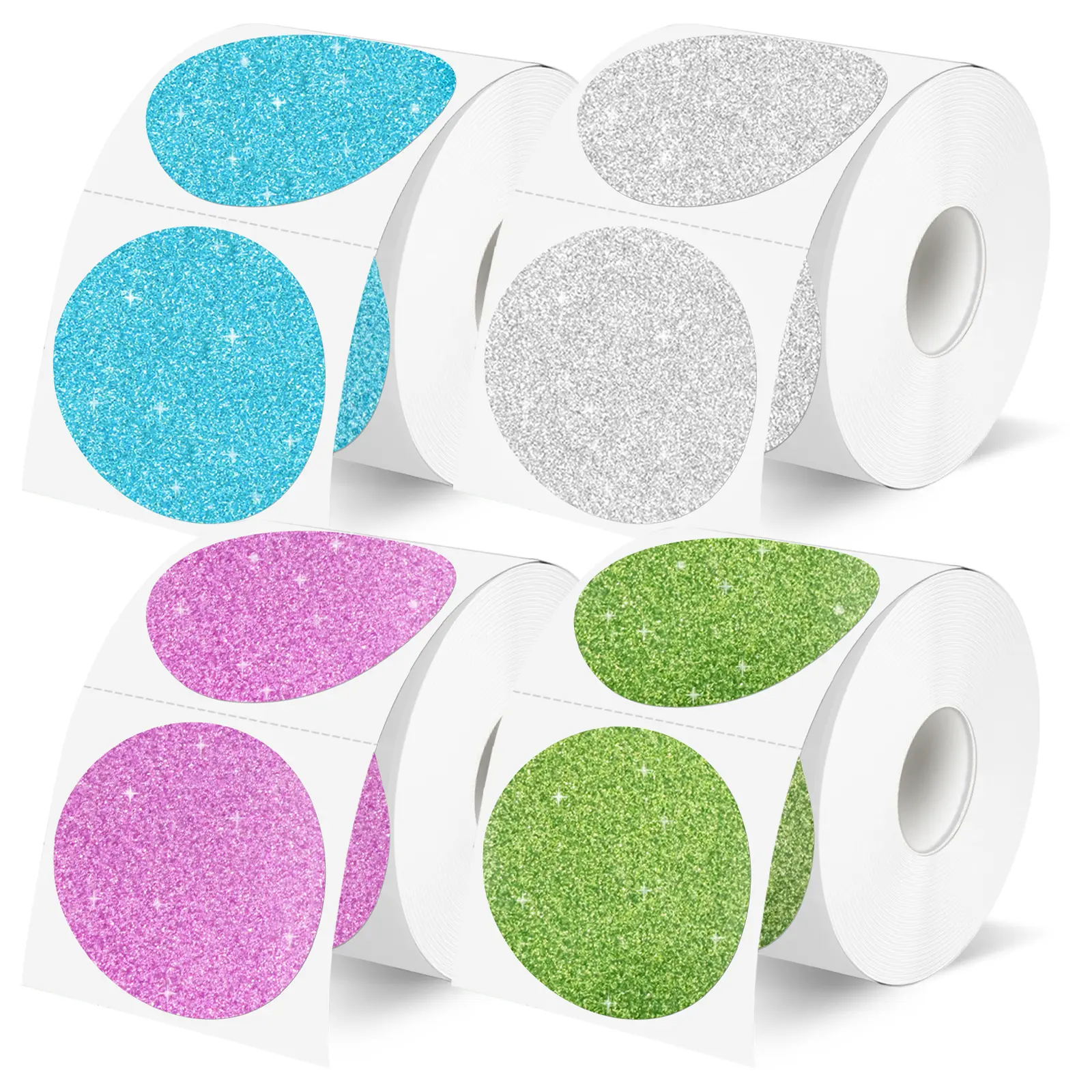Starboling 2-Inch Shiny Round Holographic Thermal Sticky Labels - Self-Adhesive for Thermal Printers, 4-Roll Set (Blue, Silver, Pink, Green), Adhesive Labels & Stickers for Address Labeling, Gift Wrapping, 2-Inch Shiny Round Thermal Labels (4 Rolls)