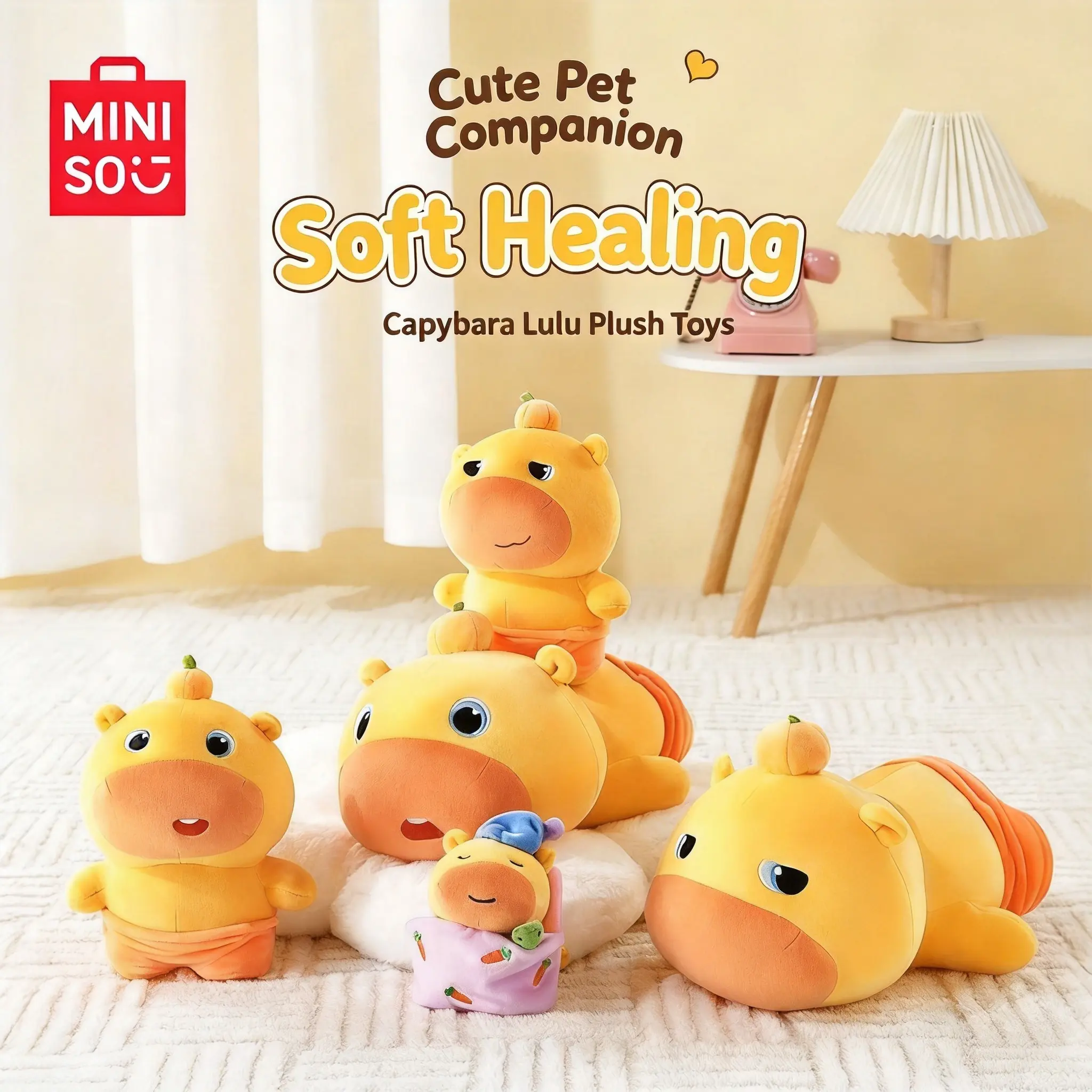 MINISO standing plush doll — cute gift; adorable stuffed toy with a blank stare and pouty mouth expression; hugging pillow plush; fun birthday gift for friends