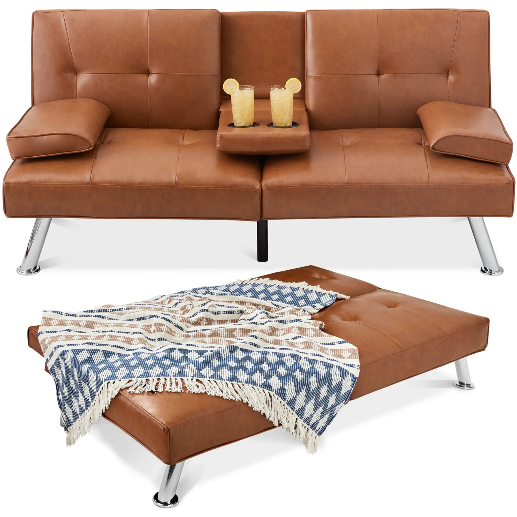 Best Choice Products Modern Faux Leather Convertible Futon Sofa w/ Removable Armrests, 2 Cupholders