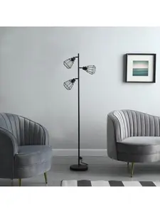 65" Adjustable Cage Shade Industrial Farmhouse Metal Floor Lamp, Matte Black, 3-Piece Shades, Step-On On/Off Switch, E26 Bulb Compatible, UL Listed