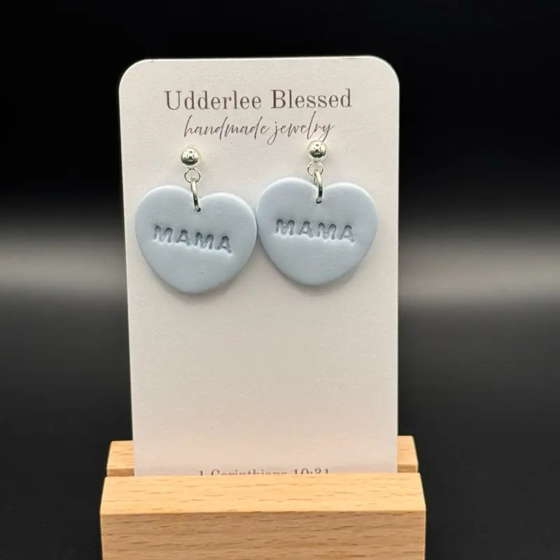 Udderlee Blessed Handmade Jewelry Mama Heart Earrings in Soft Blue Color Perfect for Mother's Day Gifts