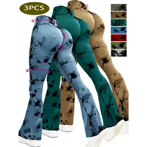 1 pcs High-Waist Tie-Dye Flared Yoga Pants for Women - Stretchy & Supportive Wide Leg Running Sports Leggings, Non-See-Through, Knit Fabric, Available in Red, Olive Green, Blue-Green Camouflage Patterns