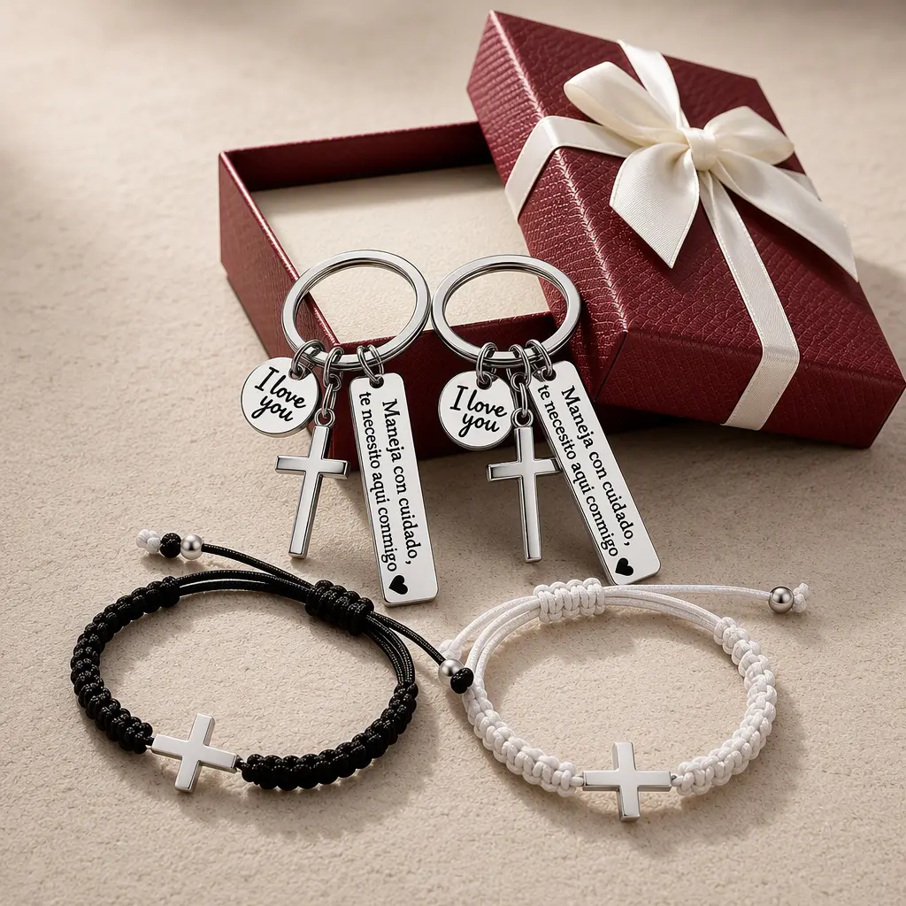 Maneja Con Cuidado Te Necesito Aqui Conmigo Drive Safe Car Keychain & Cross Bracelet Couple Set His and Hers Black White Braided Bracelets with Gift Box, Llaveros Stainless Steel Auto Accessories for Boyfriend Girlfriend Husband Wife Anniversary