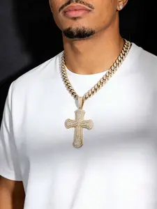 Punk Style Cross Pendant Necklace, Iced Out Cuban Chain Link, Unisex Statement Jewelry, Trendy Jewelry, Ideal Graduation Gift, Religious Cross Necklace