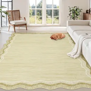 Garvee 5x7 Dining Room Rug - Machine Washable, Non Slip, Non Shedding, Stain Resistant Low Pile Area Rug with Modern Scalloped Border for Living Room, Bedroom, Nursery, Office in Cream