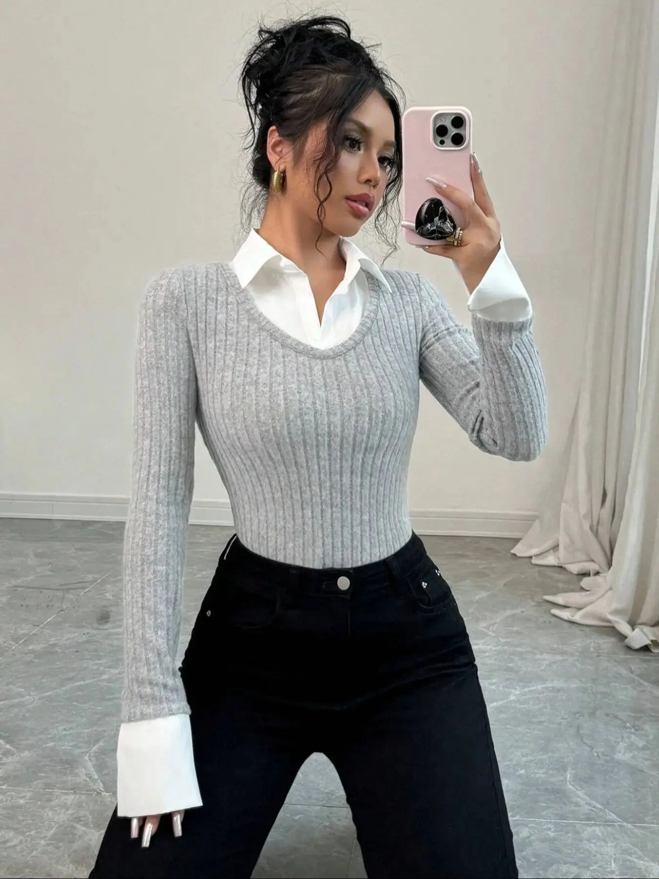 Women's Faux Two-Piece Velvet Stripe Shirt Collar Top, Womenswear, Long Sleeve, Casual Elegant Spring & Fall Fashion, Perfect for Daily Wear, Fit, Lady, Casual Classy Fashion