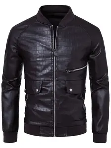Men's Crocodile Print Faux Leather Baseball Jacket, Pockets, Loose-Fitting Long Sleeve Casual Outerwear, Street Style Daily Wear