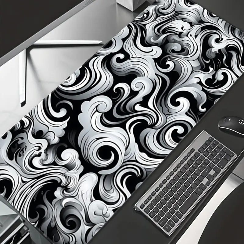 Abstract Swirl Wave Mouse Pad Desk Mat Gaming Mouse Pads Silvery White Mousepad XXL Rubber Stitched Edges Keyboard Pad Desk Accessories Large Extended Desk Decor For Office