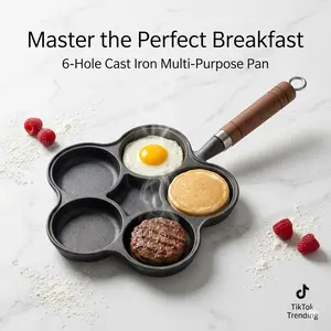 Cast Iron 5-Hole Fried Egg Pan with Wooden Handle, Non-Stick Multi-Mold Breakfast Cooker for Eggs, Pancakes, and Sliders, Heavy Duty Induction Compatible Skillet, Professional Kitchen Essential