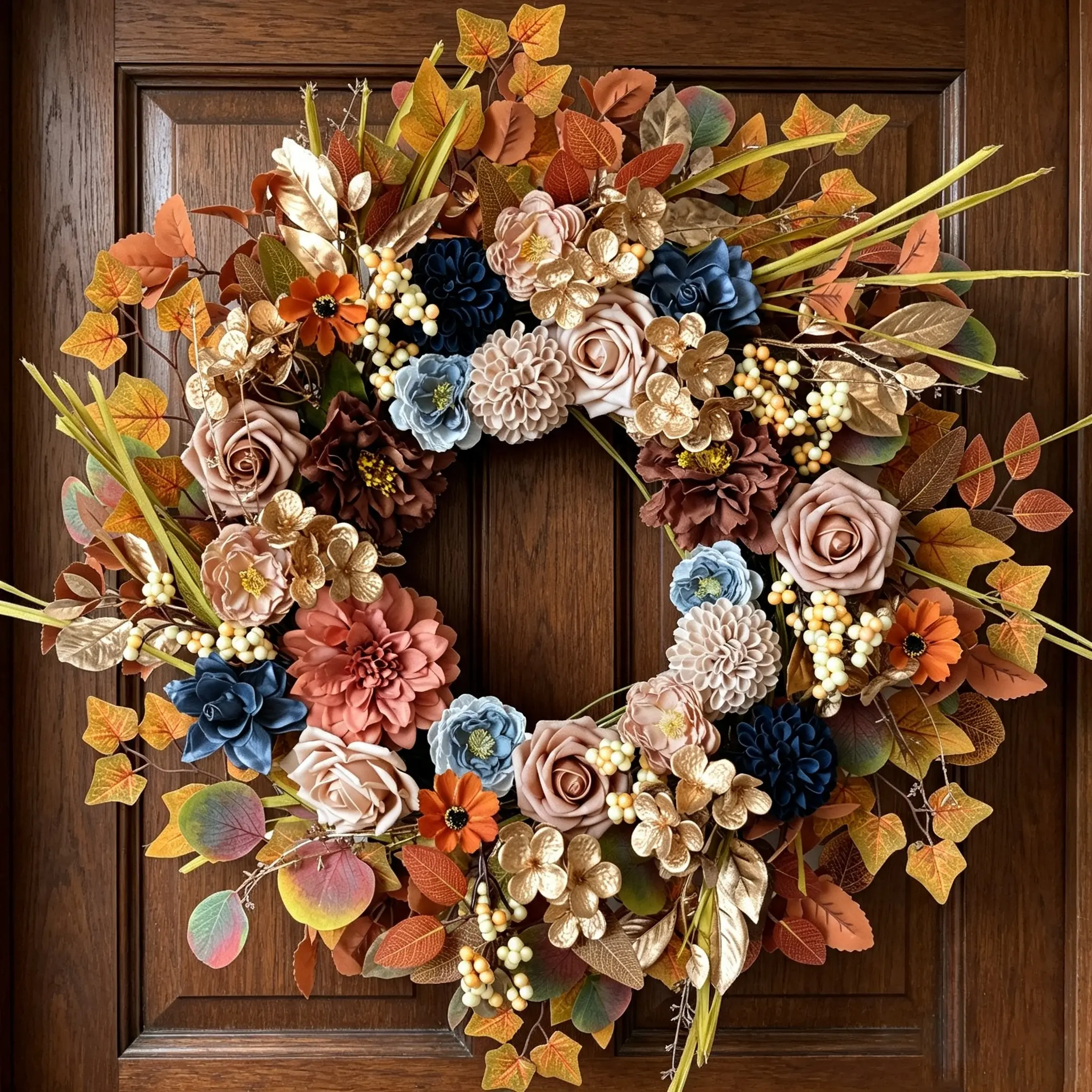 Egolot 20-Inch Rustic Farmhouse Fall Wreath - Rust Accents, Harvest Orange Flowers, Grain, Lamb Ear Leaves for Front Door, Indoor & Outdoor Home Decor