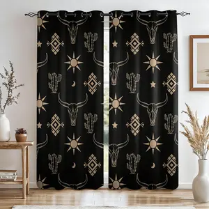 Western Boho Bull Skull Cactus Blackout Curtains 2 Panels, Black Gold Southwestern Tribal Geometric Print Window Drapes for Bedroom Living Room
