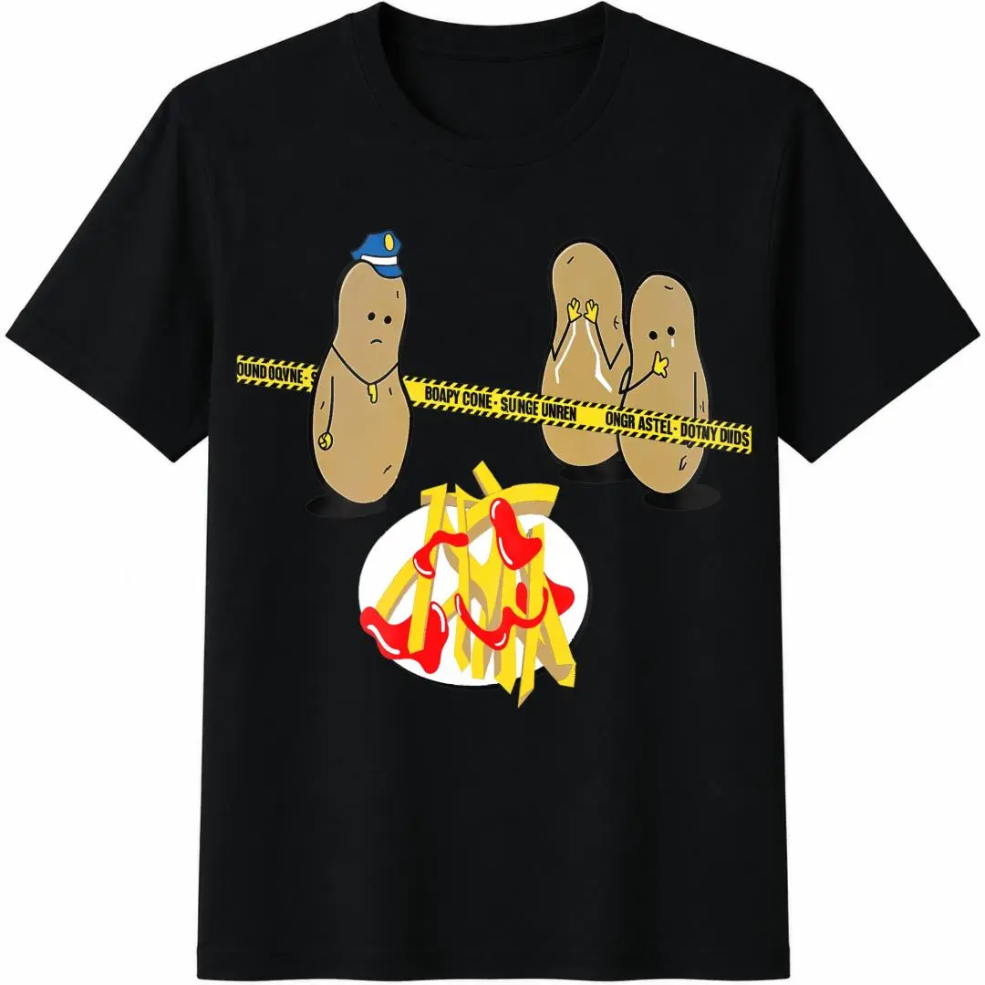 Graphic T-Shirt For Men Featuring A Humorous Potato  Case, Designed With Retro Cartoons Of A Detective And Victim Potatoes.Made From Soft, Breathable Fabric, This Casual Summer Tee Has A Round Neck And Short Sleeves