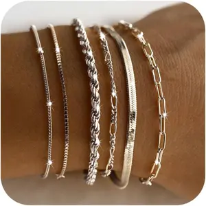 KOPERIN 6 Layered Dainty Bracelets For Women-Trendy Paper Clip Box Figaro Rope Bracelet Chain-Fashion Pack Gifts For Fashion