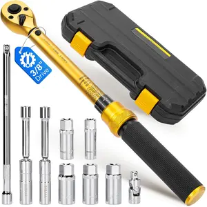 10 count Full  Spark Plug Socket Set with 3/8" Drive Torque Wrench (5-50 FT.LB/6.8-67.8Nm), Swivel  Spark Plug Removal Kit Includes 14, 16, 18mm& 9/16, 5/8, 3/4, 13/16 Inch Sockets