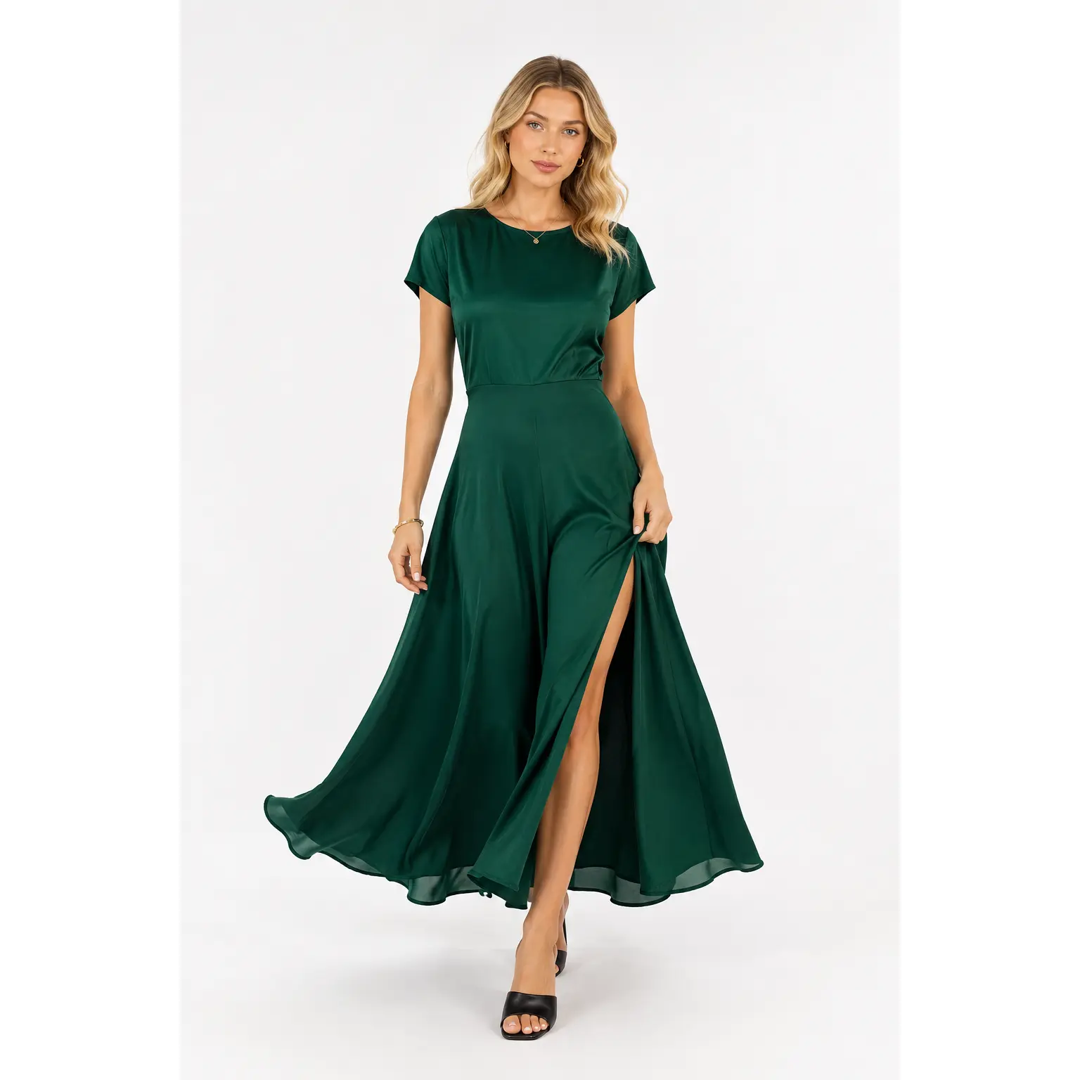 Emerald Green Satin Maxi Dress Short Sleeve Side Slit A Line Formal Dress Women Wedding Guest Bridesmaid Gala Evening Dress
