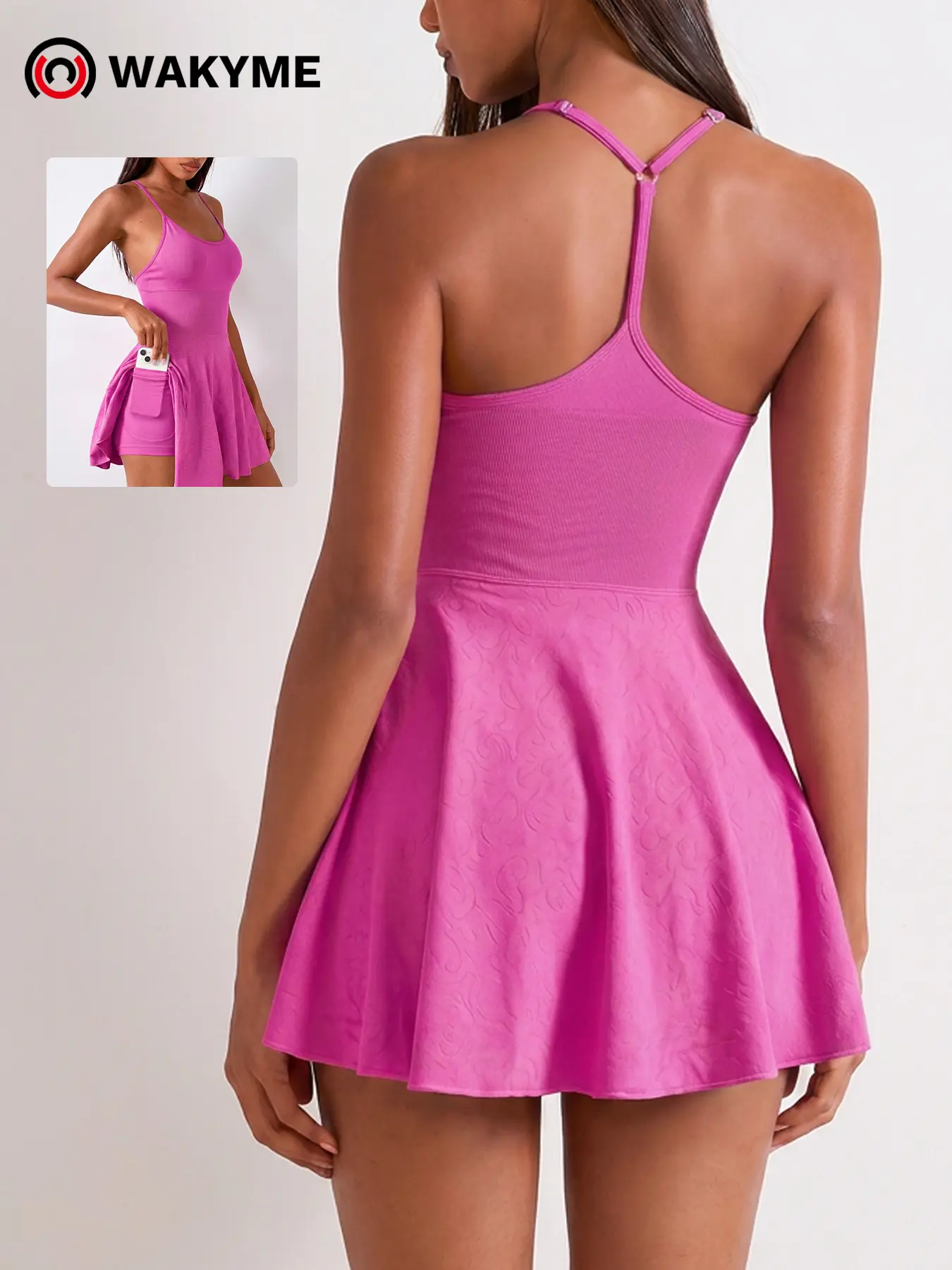 Women's Adjustable Spaghetti Strap Racerback Yoga Dress with Side Pockets – Solid Color Athletic Tennis Dress with Built-in Shorts for Workout, Golf & Casual Summer Wear