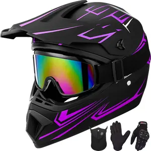 Youth Kids Adult Motocross Helmet Motorcycle Dirt Bike Off-Road Mountain Bike BMX MX ATV Helmet with(Gloves Goggles Mask) 4Pcs Set - DOT Approved(Purple,S M L XL)