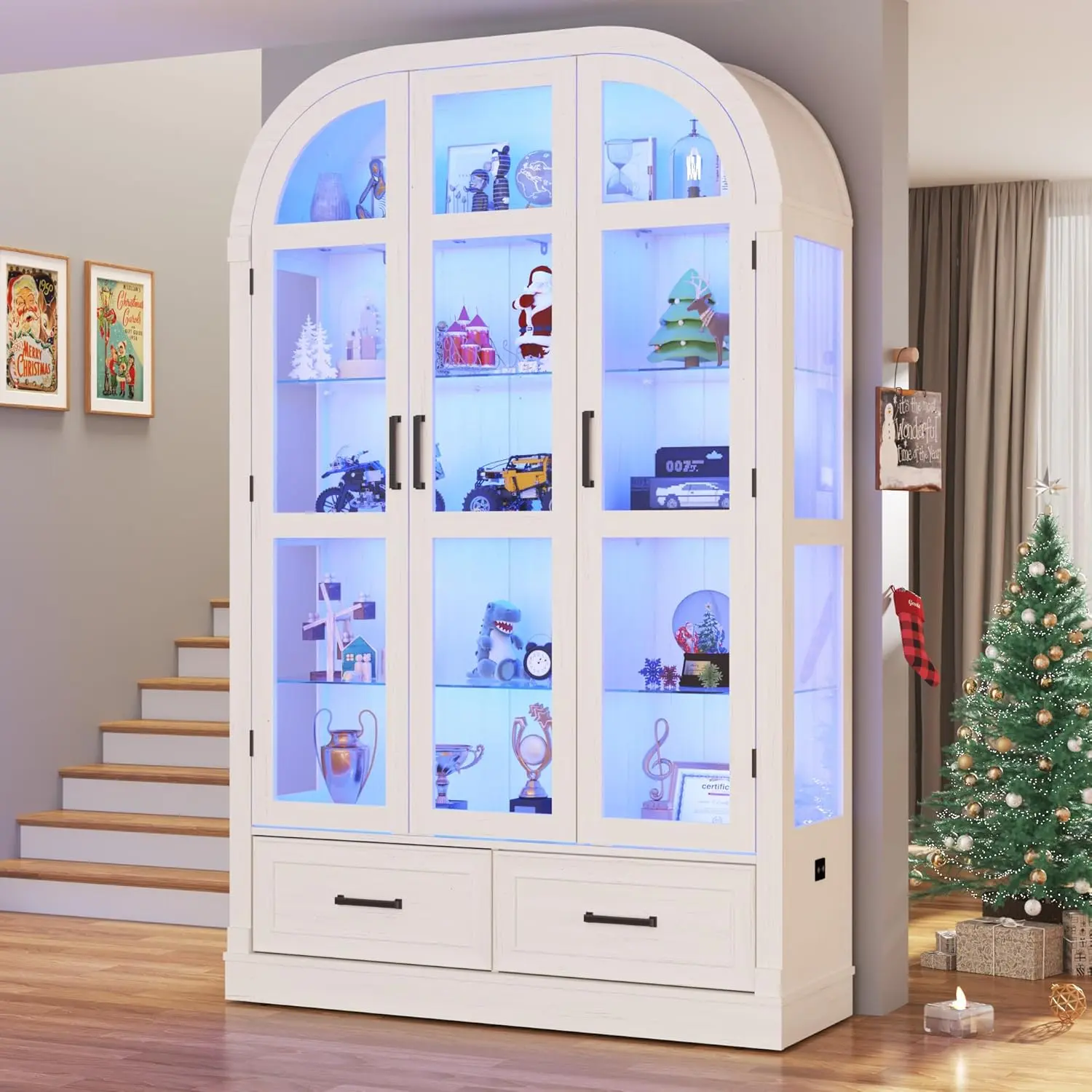 Arched Display Cabinet with 3 Glass Doors,5-Tier Curio Cabinet W/3 Color Lights for Collectibles,78'' Tall Curio Cabinet W/2 Drawers,Modern Display Case W/Human Body Sensor for Living/Game Room,Arche