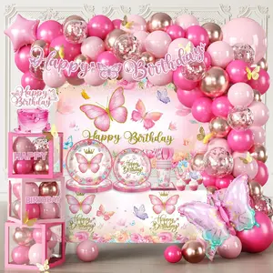 282 count  Butterfly Birthday Decorations for Girl, -in- Set with  Butterfly Balloon Arch, Tableware, Backdrop, Tablecloth, Balloon Box, Butterfly Sticker, Cupcake Topper, Etc. Serves 25
