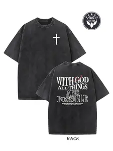 Unisex Vintage Christian Clothing Y2K Style Washed Cotton T-Shirt with "With God All Things Are Possible" Print, Summer Casual Fashion, Christian Faith Cross-Themed Short-Sleeve T-Shirt，Couple outfits， Trendy Youth Streetwear