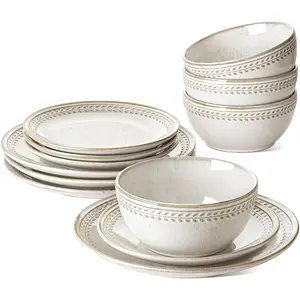 Plates and Bowls Sets for 4, 12 count Ceramic Dinnerware Sets, Kitchen Stoneware Dish Set, Chip Resistant, Microwave & Dishwasher Safe, Reactive  Beige (8"&10" Plate, 27oz Bowl)