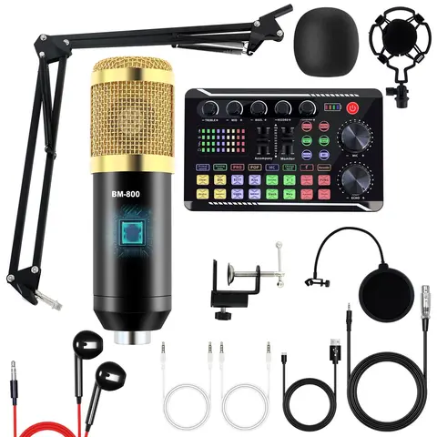BM800 Solid Professional Metal Condenser Microphone Bundle Pack - Corded Wired Audio Mixer, Voice Effects, Shock Mount, 3.5mm Aux Input, Charging Cable for PC, Mac, Mobile, iPhone, iPad, PS4, School Use (Direct Plug-in Streaming Podcasting Kit)