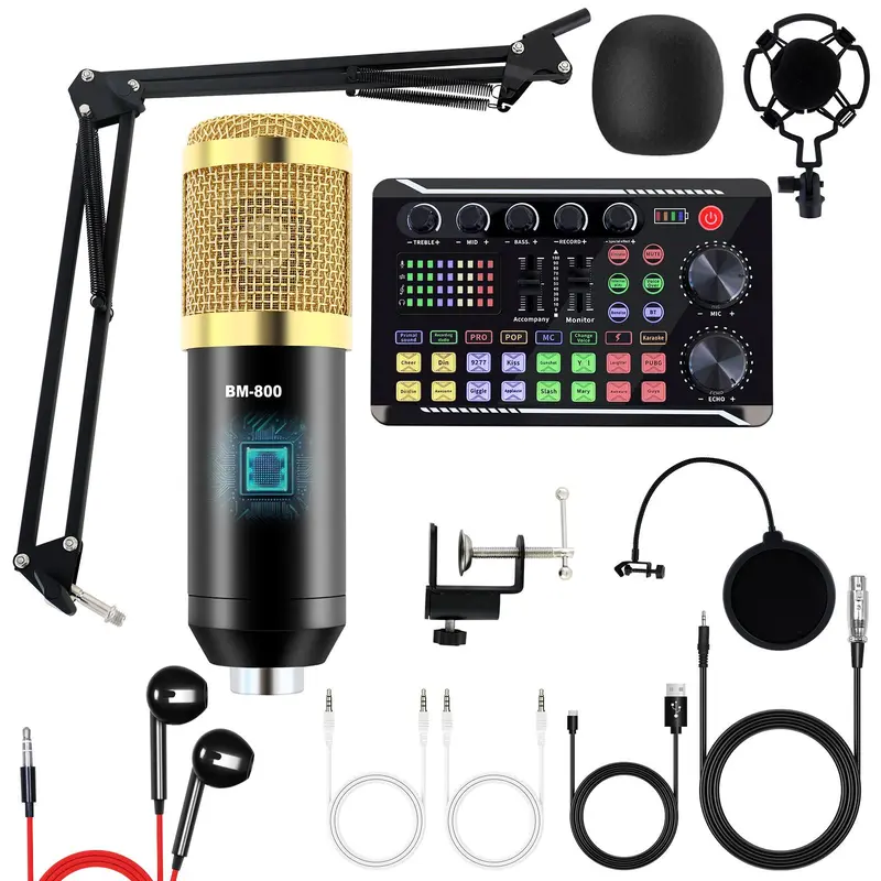 BM800 Solid Professional Metal Condenser Microphone Bundle Pack - Corded Wired Audio Mixer, Voice Effects, Shock Mount, 3.5mm Aux Input, Charging Cable for PC, Mac, Mobile, iPhone, iPad, PS4, School Use (Direct Plug-in Streaming Podcasting Kit)