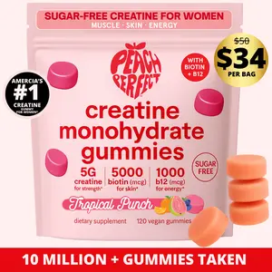 Peach Perfect Creatine Monohydrate Gummies for Women 5g Vegan Micronized Creatine 5000mg Biotin 1000mg B12 Tropical Punch Flavor Sugar-Free Energy Performance 30 Servings - Fitness Supplements