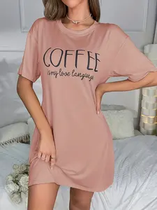 Women's Casual Style Loose Letter Print Nightgown, Short Sleeve Round Neck Design, Comfortable Elastic Sleepwear, Loungewear Ideal for Daily Wear, Fit Everyday