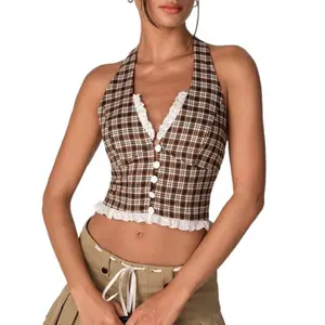 Plaid Halter Crop Top Women Lace Trim Button Front Y2K Cute Summer Going Out Top