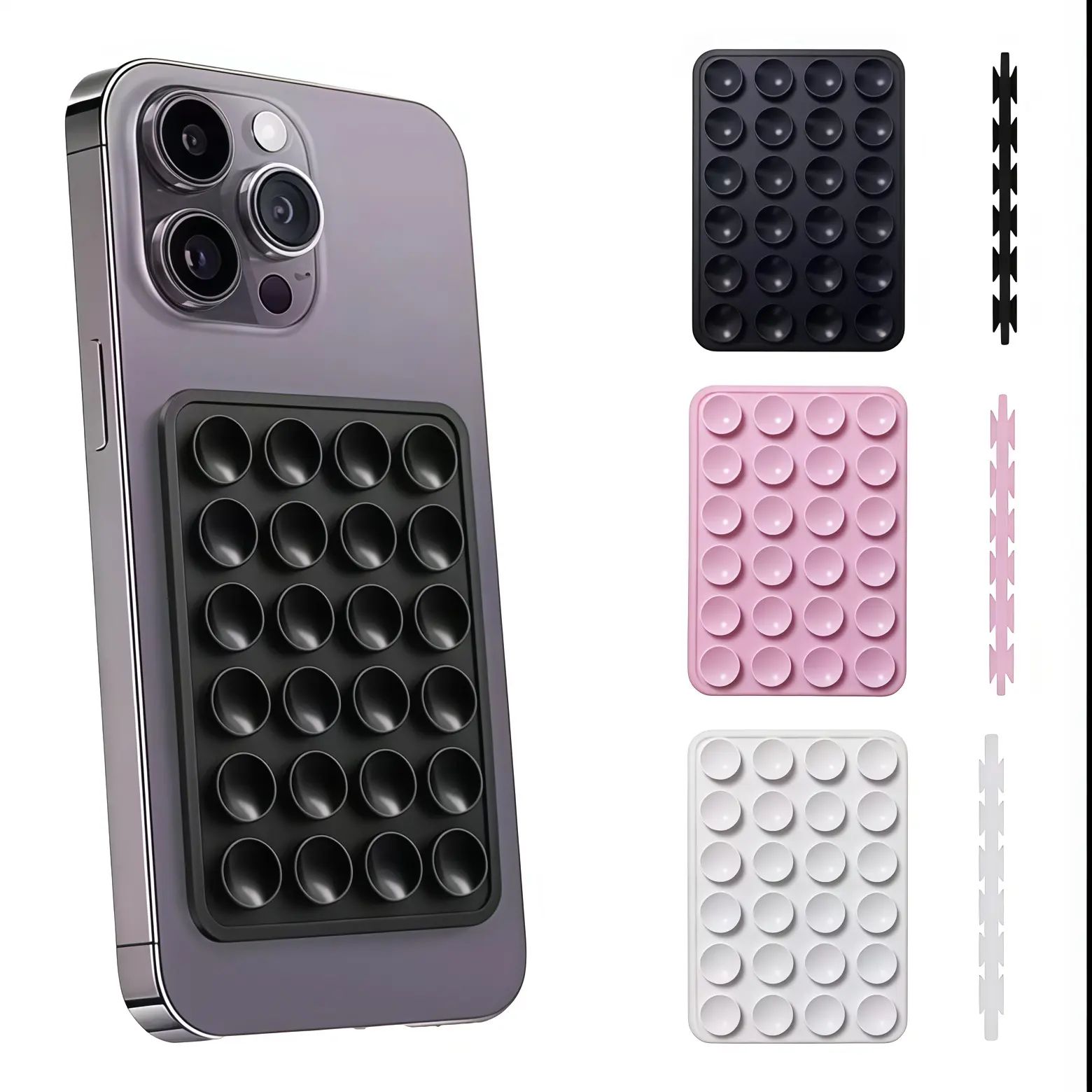 Double-Sided Suction Cup Cellphone Mount - Silicone Sticky Smartphone Holder, Mobile Phone Accessories for iPhone & Android, Hands-Free Strong Grip for Selfies, Videos - Black, Pink, White, Gray