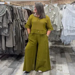 Meilin  and Amelia set one size fits small to large linen 100 percent mesh top and wide leg pants relaxed fit summer outfit with elastic waist