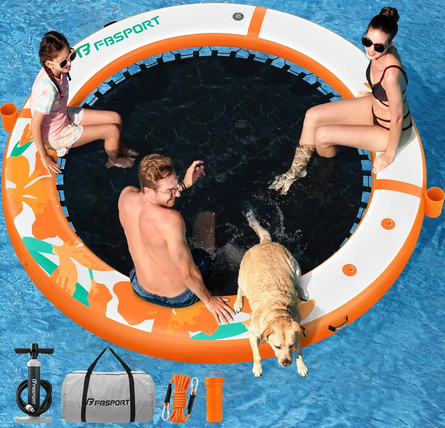 FBSPORT Round Floating Ring Inflatable Water Hammock, 8FT Floating Dock Sunchill Float Ring with Ladder, Heavy Duty PVC Adult Tanning Pool Platform for Lake & Pool summerwins