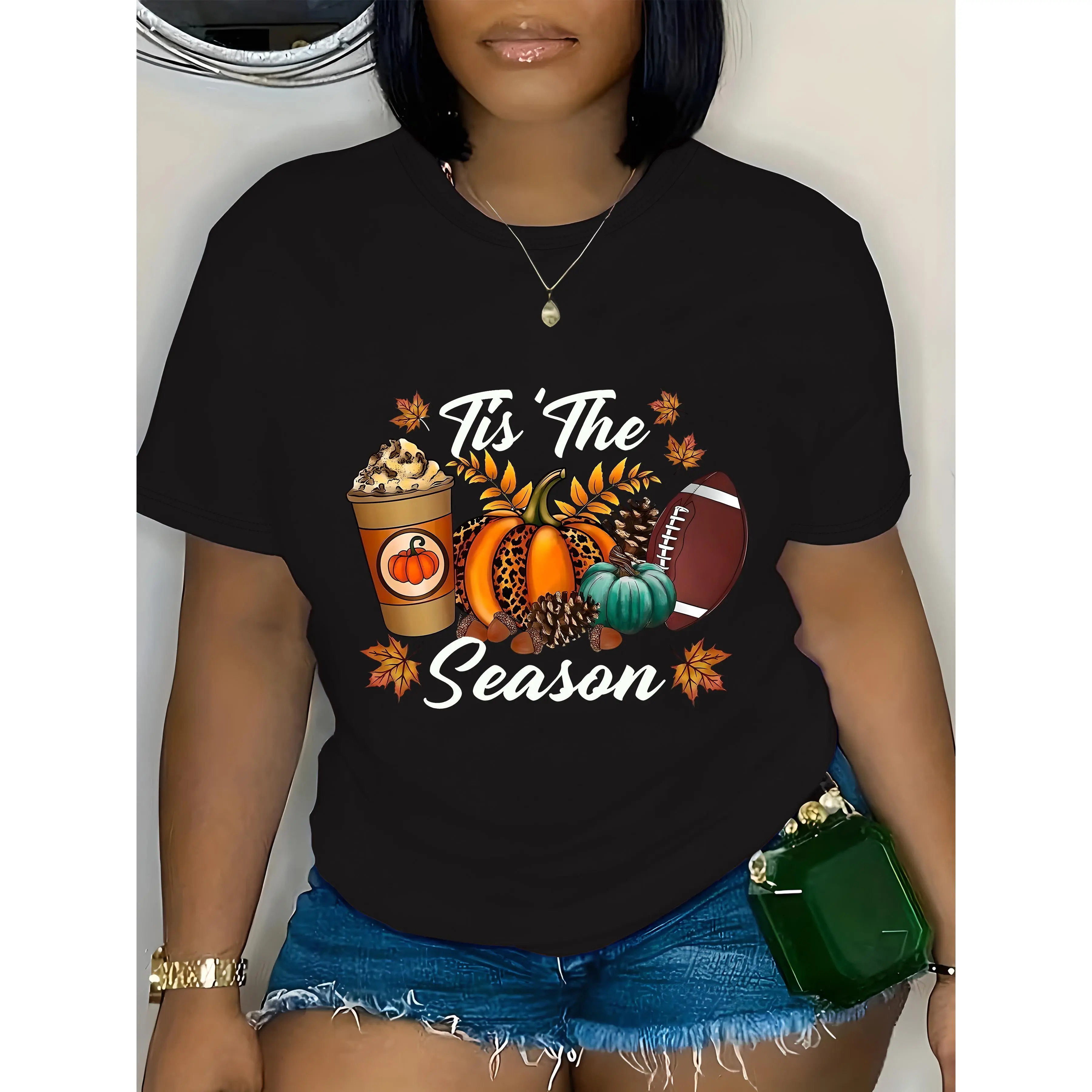 1pc Women's Casual Crew Neck T-Shirt - "Tis The Season" Fall Graphic with Pumpkins, Apples & Football, Stretchy Cotton Knit, Short Sleeve Top for Spring & Summer, Ladies T Shirts Womenswear Streetwear