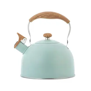 Whistling Tea Kettle Tea Pots 2.5L, Stainless Steel Kettle with Wood Pattern Folding Handle, Whistle Kettle for Tea Coffee (Beige)