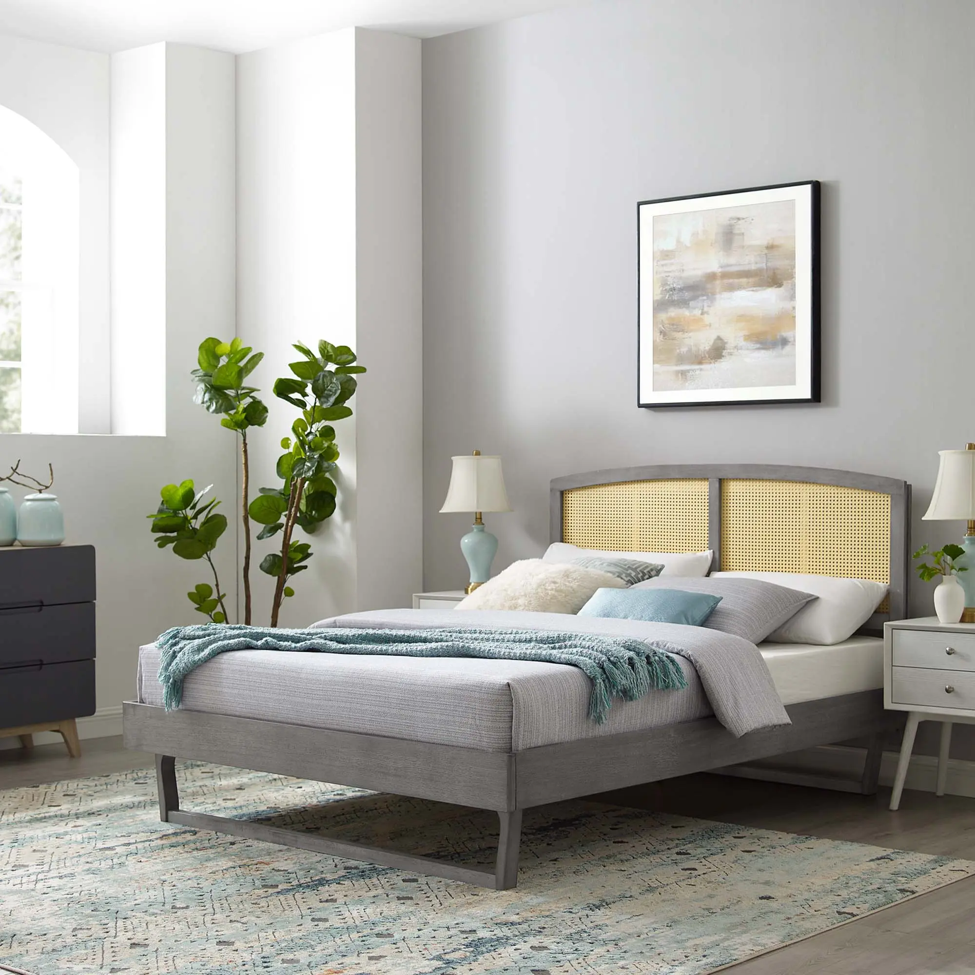 Modway Sierra Cane and Wood Queen Platform Bed With Angular Legs in Gray