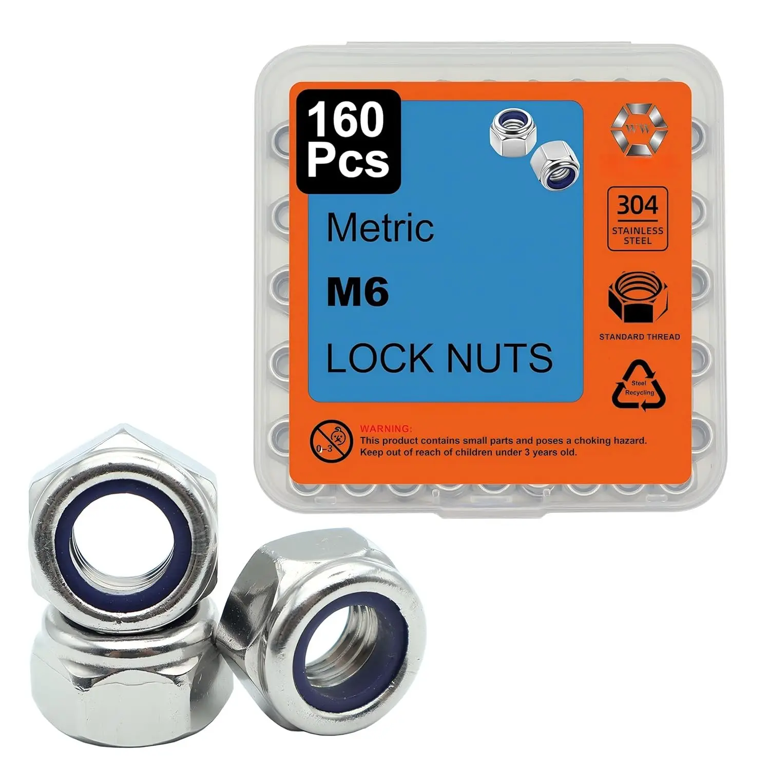 160 count M6 Lock Nut, Standard Metric M6 Nylock Nuts, Nylon Insert M6x1.0 Nut, 304 Stainless Steel M6-1.0 Nuts, Thread Nylock M6x1.0 Nut