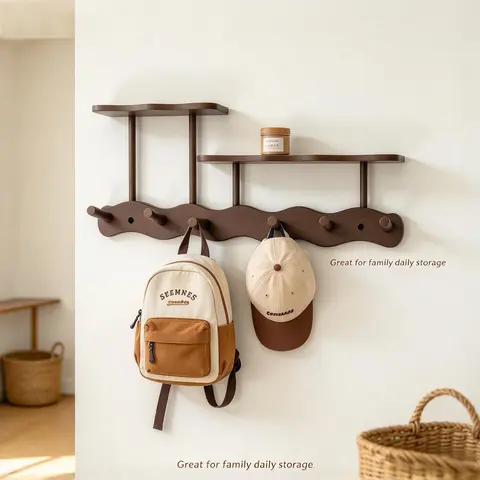1pc Bamboo Wood Wall Mount Coat Rack with Hooks, Polished Finish, Easy Install, Casual Style, No Drilling Required, Multipurpose Organizer for Bedroom, Living Room, Entryway