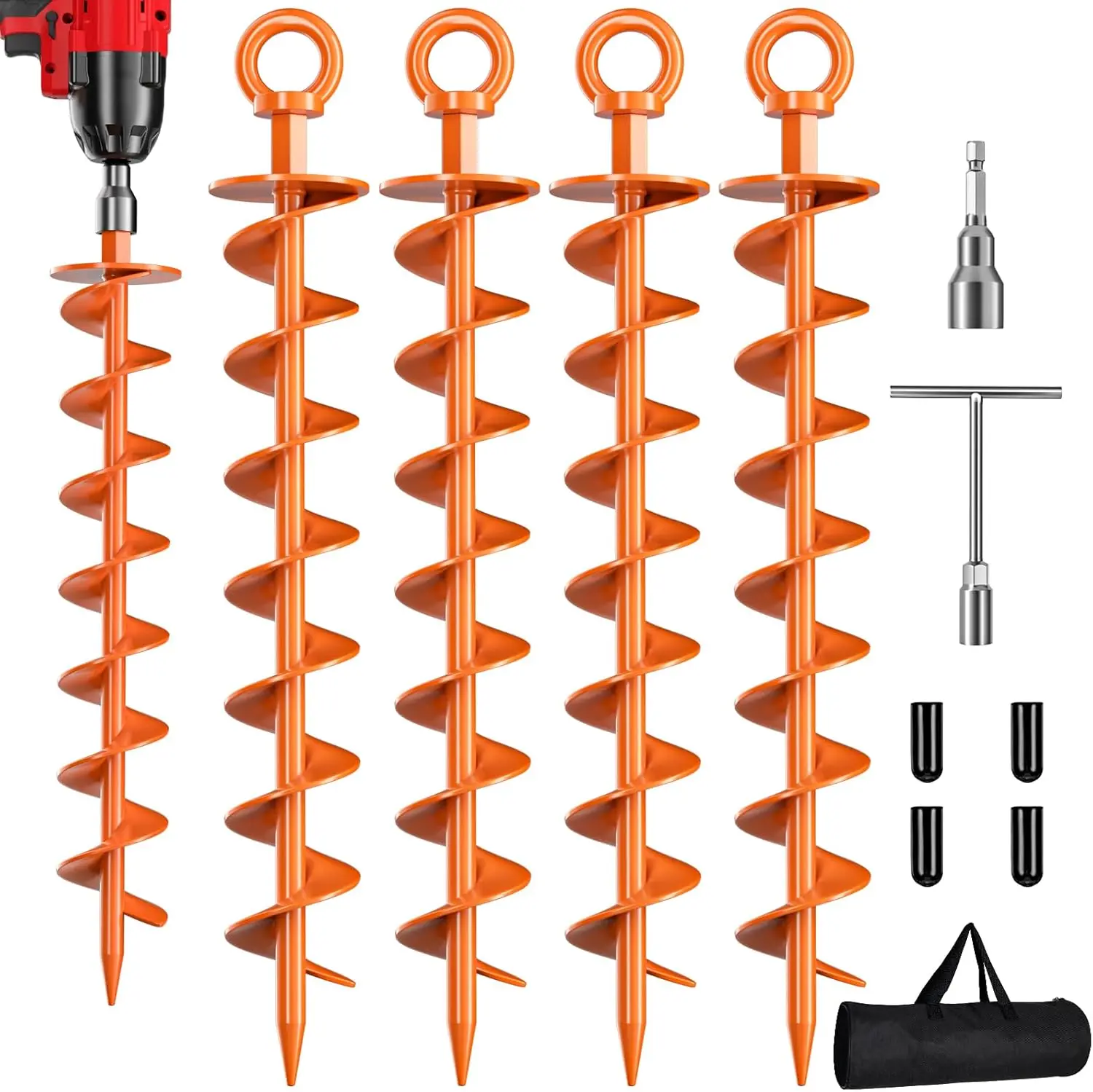 4 Pack Spiral Trampoline Anchors with Nut and Tool Swing Set Anchors Tent Stakes High Wind Heavy Duty for Sheds, Carports, Mobile Home Orange