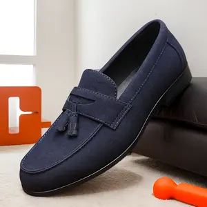 Men's Navy Blue Suede Tassel Loafers, Hand-Stitched Slip-On Casual Dress Shoes82690
