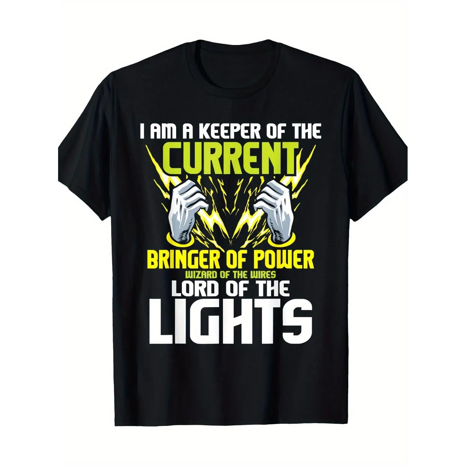 One Piece Men's Electrician Gift Cotton T-Shirt Featuring Current Guardian Design with Lightning and Circuit Hand Pattern Casual Short Sleeve Crewneck Top Suitable for Line Maintenance Personnel