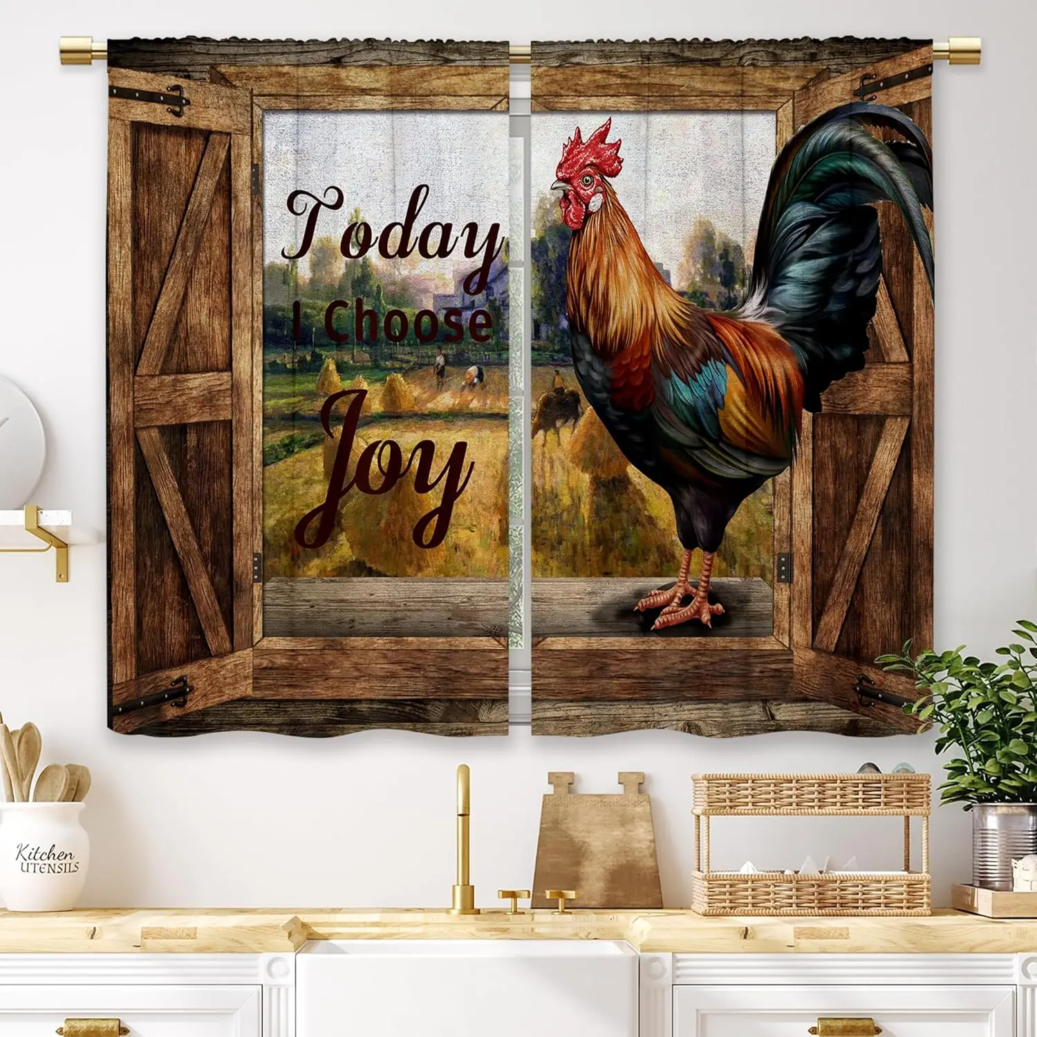 Farmhouse Rooster Rod Pocket Cafe Curtains - 2-Panel Rustic Wooden Barn-Inspired Tier Drapes with Inspirational Quotes, 27.5x39in Animal Decorative Bird Print Short Curtains for Small Kitchen, Bathroom, Animal Decorative Curtains, Bird Print Curtains