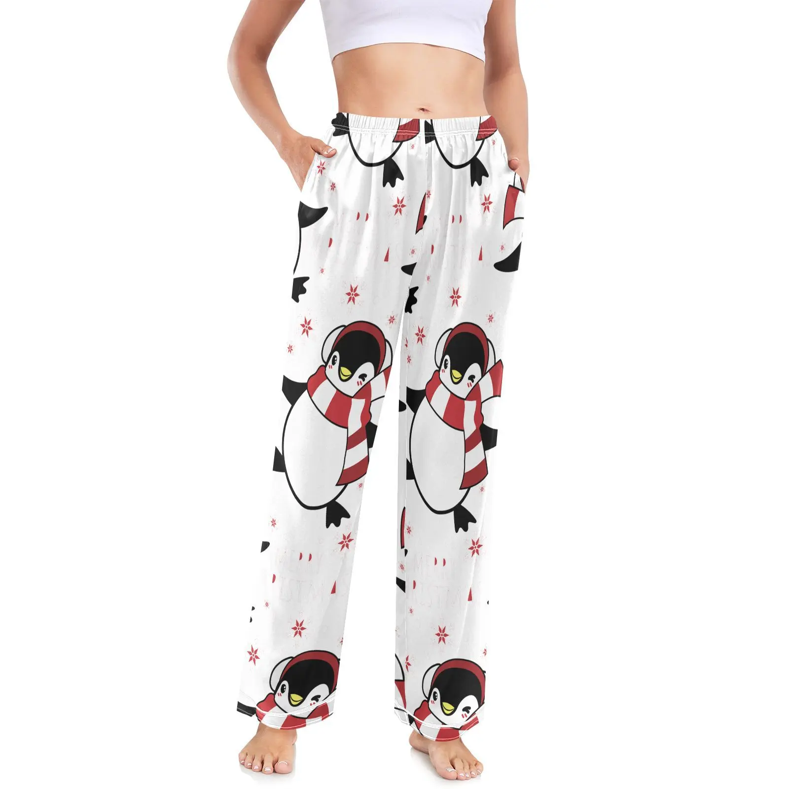 Made by FEIFEIYU Christmas Penguin and Snowflakes Women's Pajama Trousers without Pockets