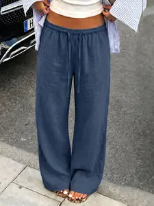 Women’s summer lightweight solid-color wide-leg pants with elastic waistband and drawstring, drapey fabric, loose breathable casual straight-leg long pants