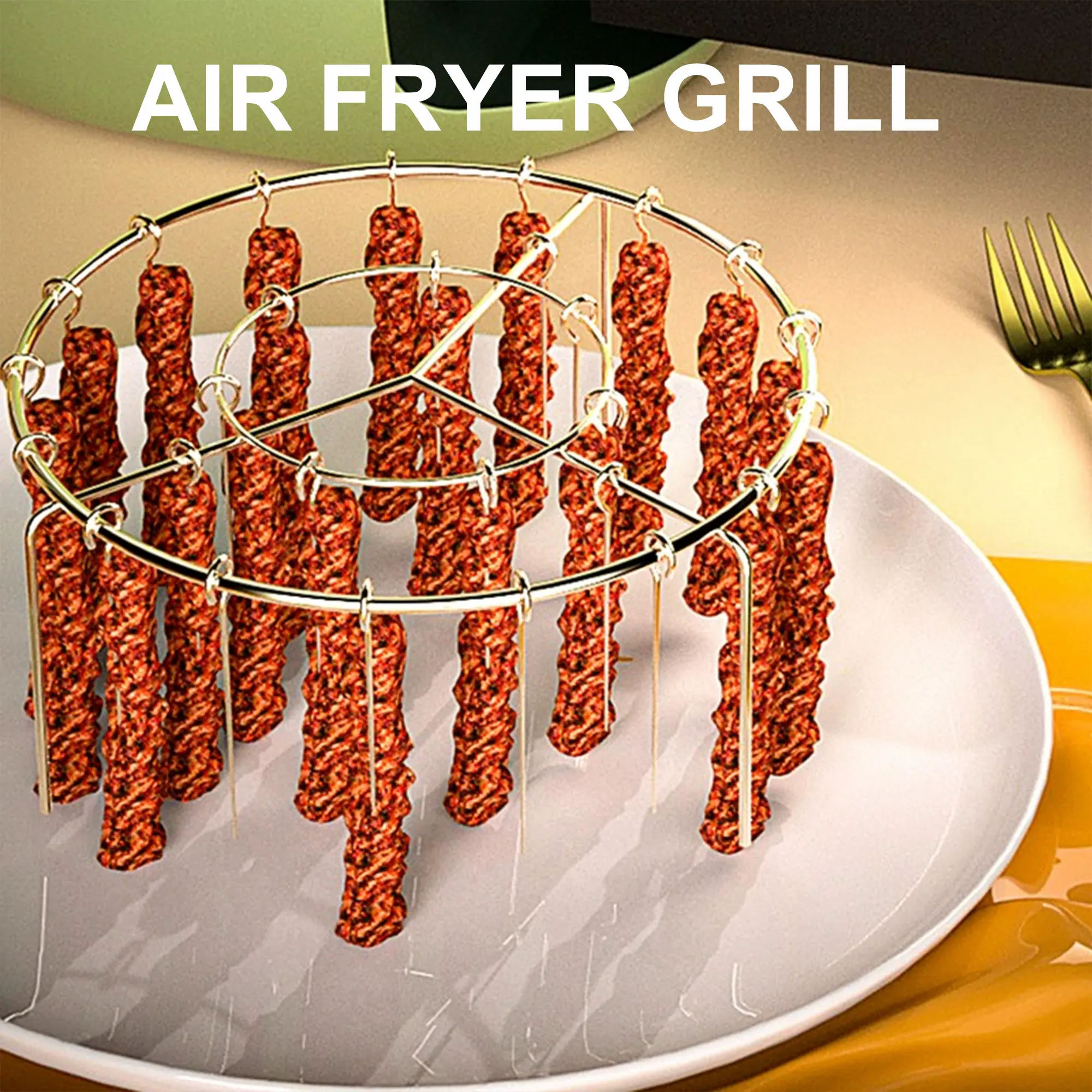 2 Counts Air Fryer Skewer Rack, 360° Baking, Stainless Steel, Heat-Resistant, No Flipping Needed, Suitable for Home Kitchen Grilling