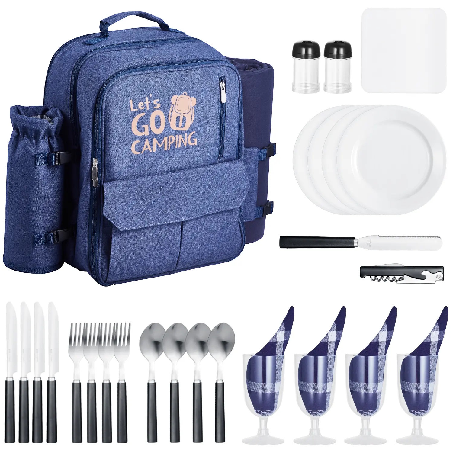 VEVOR Picnic Backpack,  Beach Picnic Backpack Bag for 4 Person with Insulated Cooler Compartment, Detachable Bottle/Wine Holder, Lightweight Blanket, Plates and Cutlery Set for Outdoor, Navy Blue