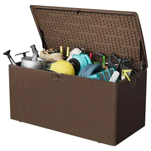 Garvee 100-gallon Outdoor Storage Box available in Brown and Black, featuring a lockable plastic deck design with lid, waterproof and UV-resistant, ideal for storing patio cushions, garden tools, and pool accessories.